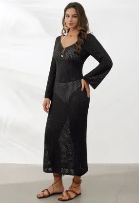 Black Crochet Swimsuit Cover-Up with Open Back Pearl Decoration