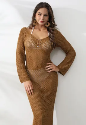 Crochet Swimsuit Cover-Up with Open Back Pearl Decoration in Caramel