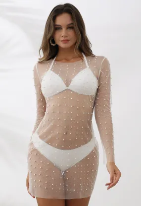 White Mesh Swimsuit Cover-Up Adorned with Pearls