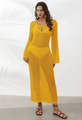 Yellow Crochet Swimsuit Cover-Up with Back Pearl Decoration